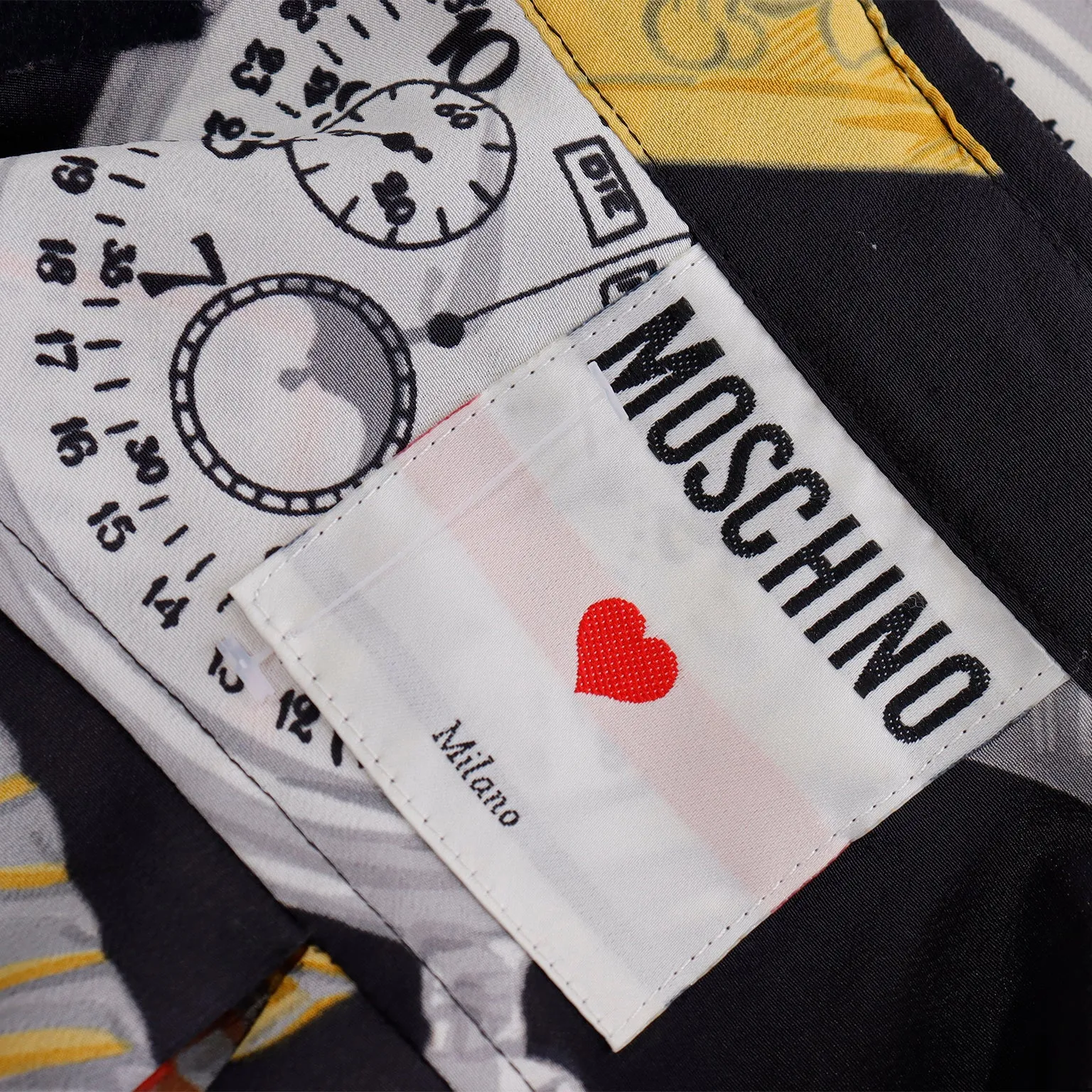 1987 Moschino Milano Vintage Clock Watch Novelty Print Oversized Shirt