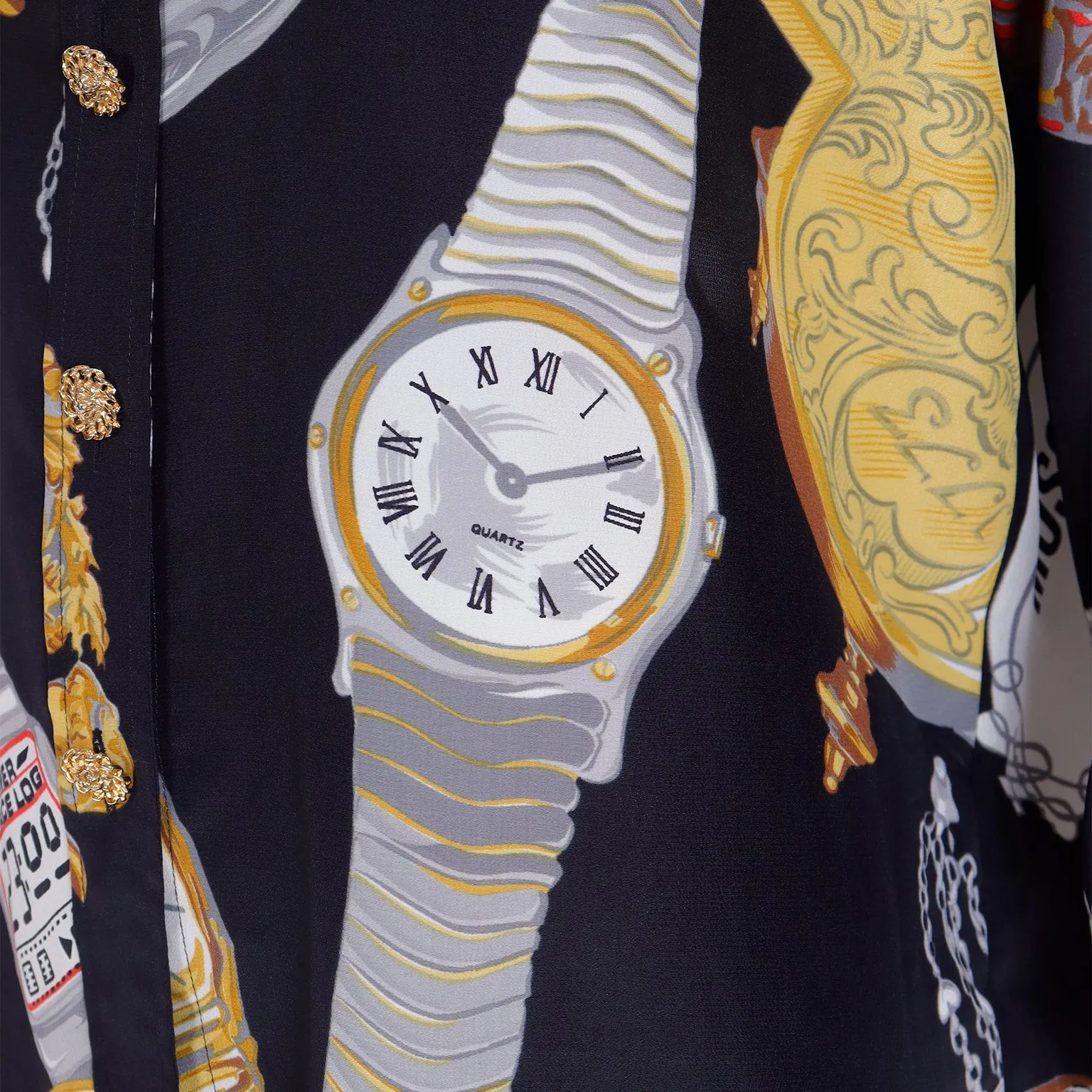 1987 Moschino Milano Vintage Clock Watch Novelty Print Oversized Shirt