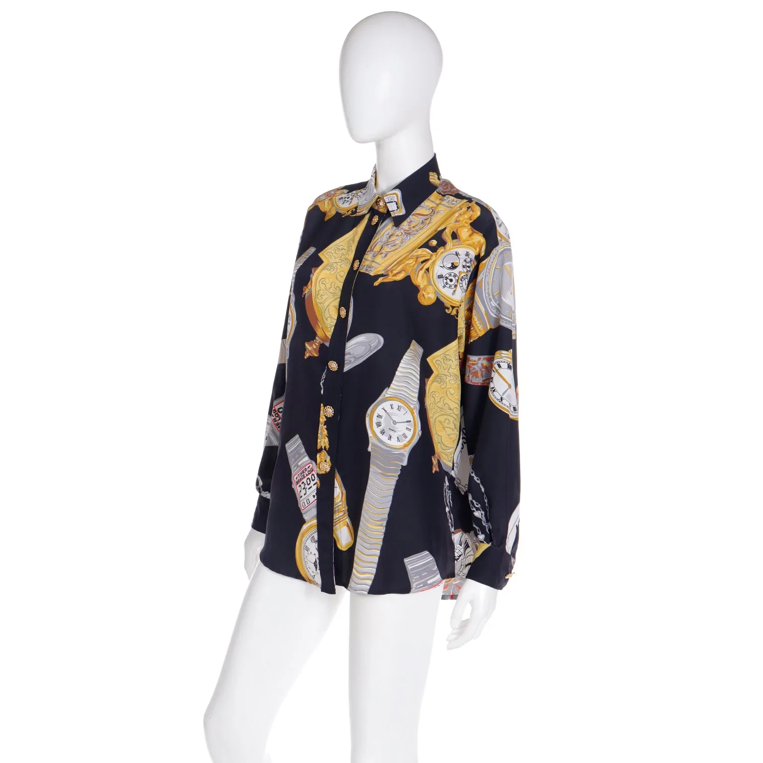 1987 Moschino Milano Vintage Clock Watch Novelty Print Oversized Shirt