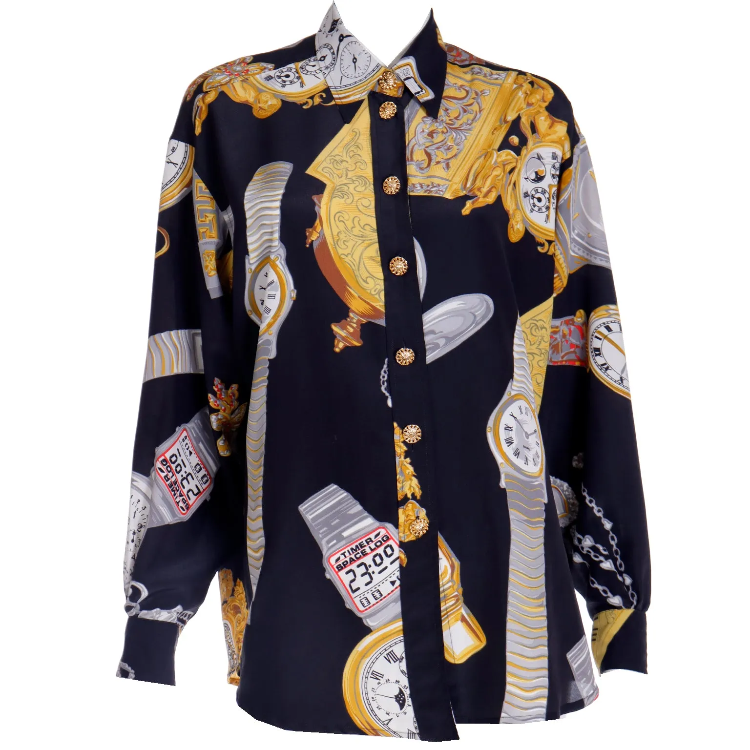 1987 Moschino Milano Vintage Clock Watch Novelty Print Oversized Shirt