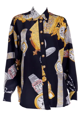 1987 Moschino Milano Vintage Clock Watch Novelty Print Oversized Shirt