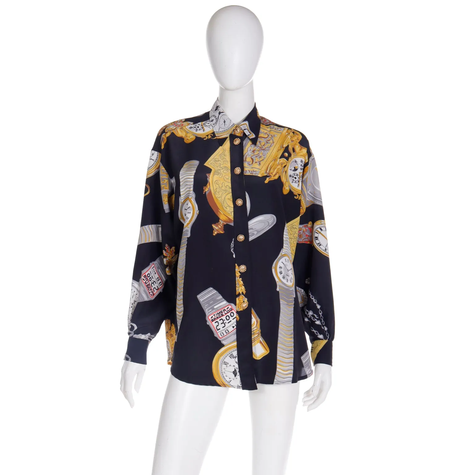 1987 Moschino Milano Vintage Clock Watch Novelty Print Oversized Shirt