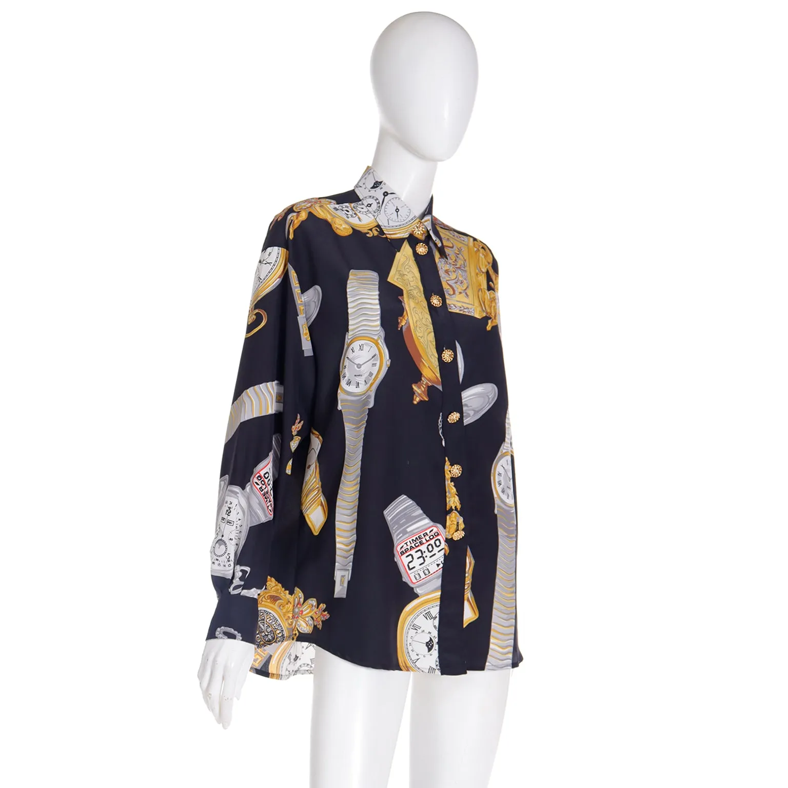 1987 Moschino Milano Vintage Clock Watch Novelty Print Oversized Shirt