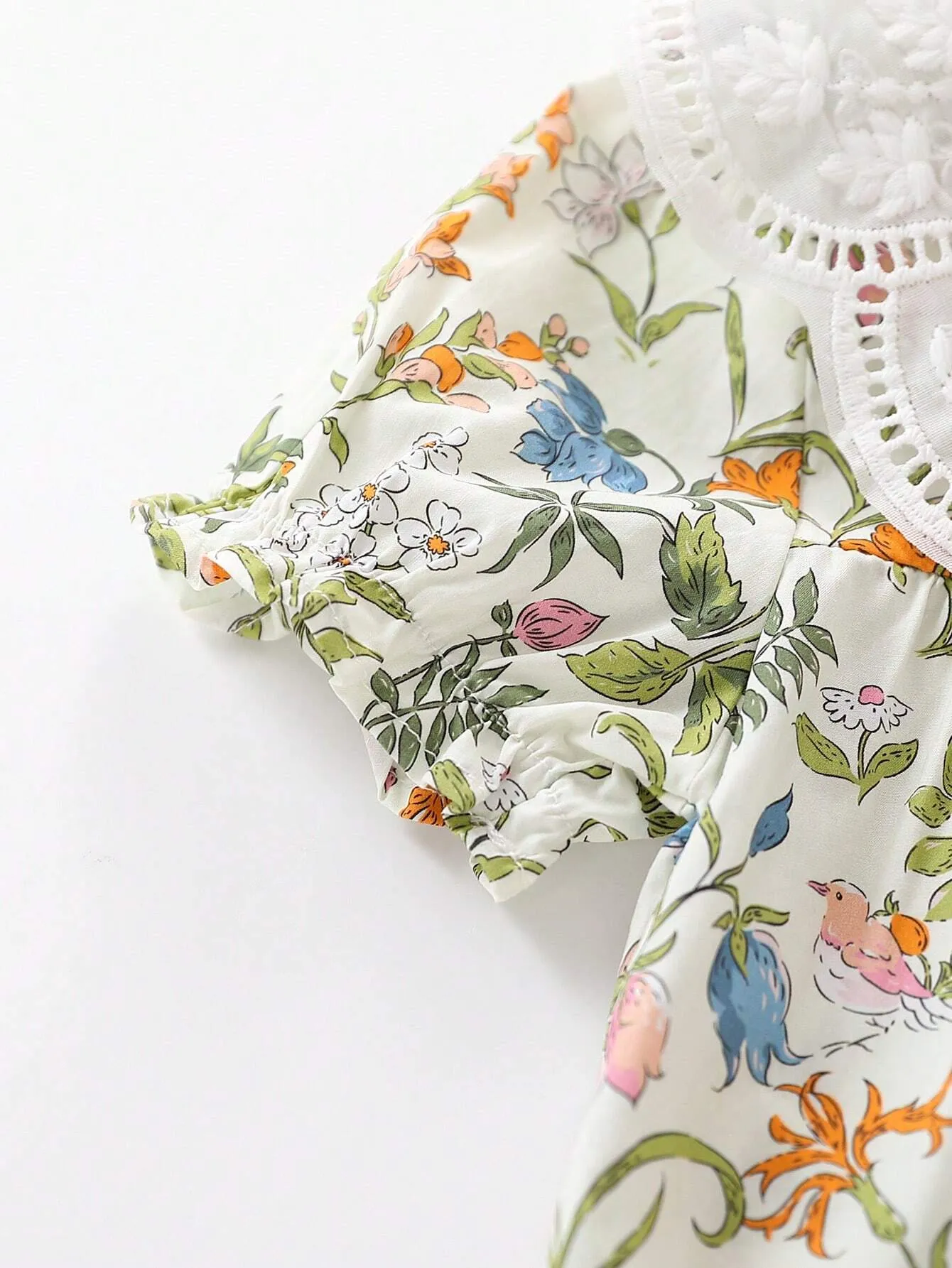 1pc Young Girls' Sweet Floral Pattern Doll Collar Short Sleeve Shirt For Summer