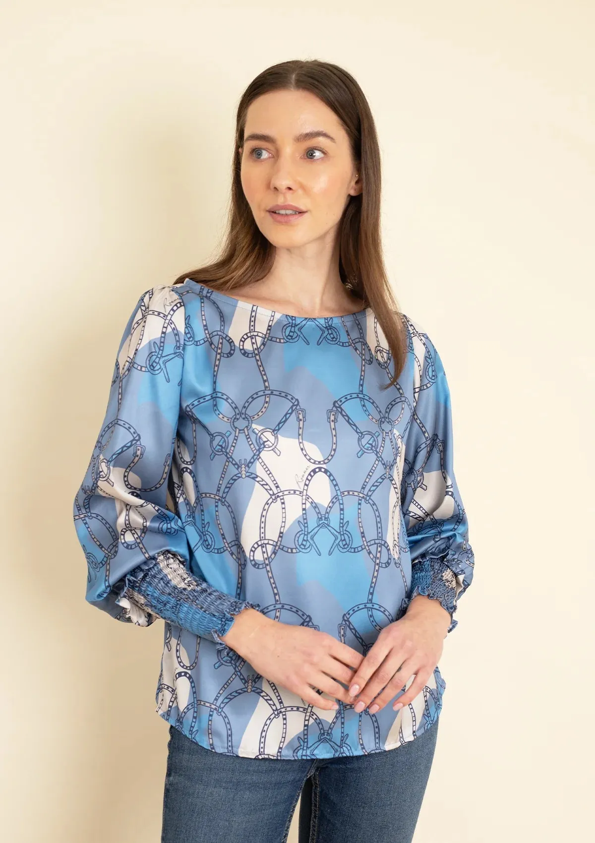 Abigail Blouse | Saddlery Print | Blue and Beige