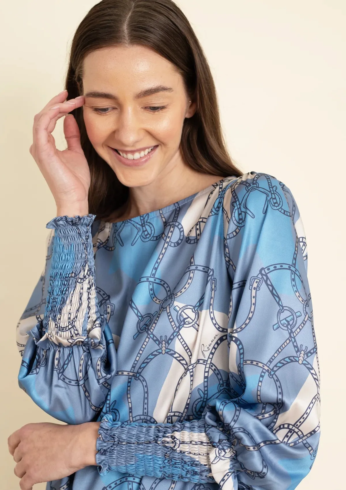 Abigail Blouse | Saddlery Print | Blue and Beige
