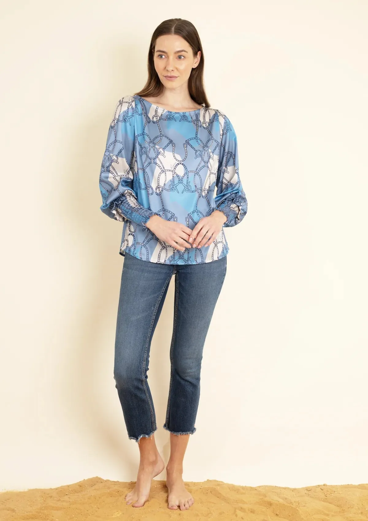 Abigail Blouse | Saddlery Print | Blue and Beige