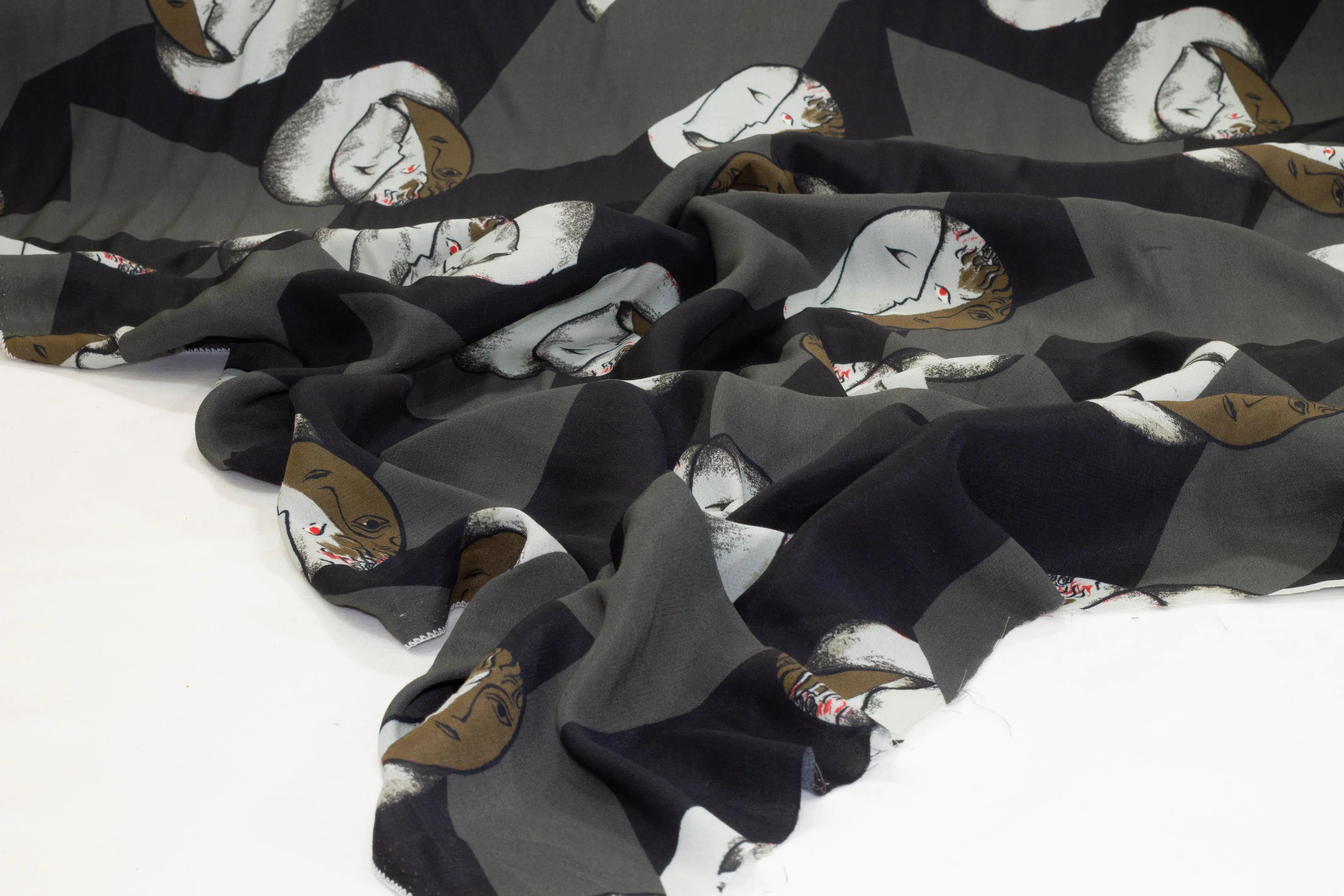 Abstract Face Italian Viscose Crepe - Gray and Black