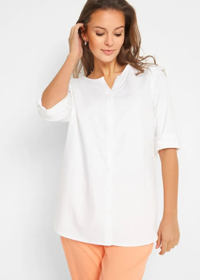 Blouse with linen sleeves 3/4 Bpc Bonprix Collection, white