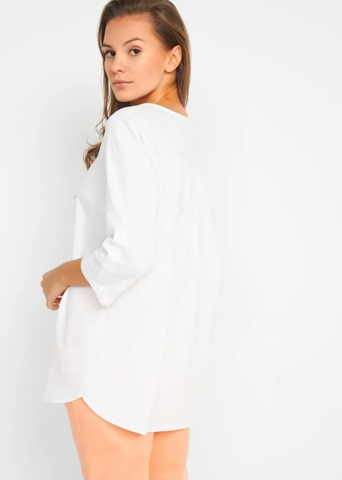 Blouse with linen sleeves 3/4 Bpc Bonprix Collection, white