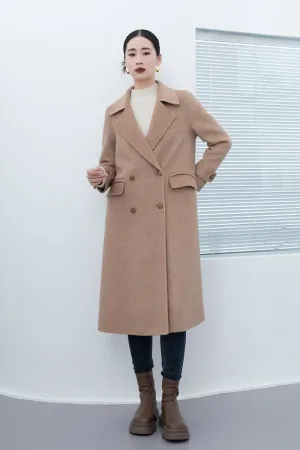 Camel Double Breasted Long Wool Overcoats