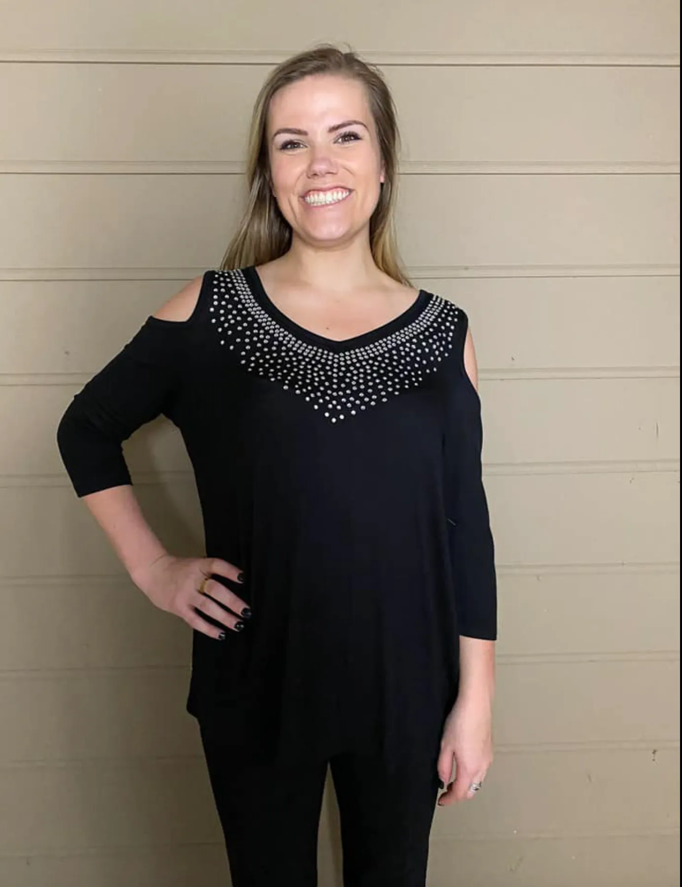 Cold-Shoulder V-Neck W/Rhinestones