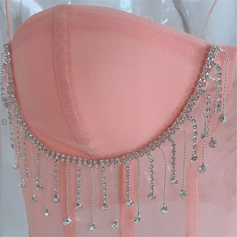 crystal tassels mesh bralette crop tops women push up croptop 2020 night out club party sexy beach wear chic ladies summer tops