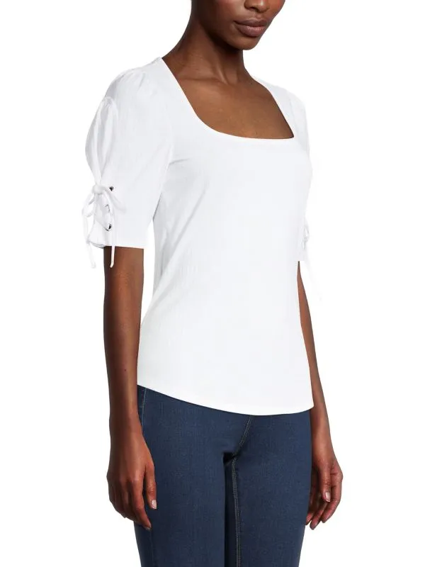 Design 365 Lace-up Top with Puff Sleeves, White