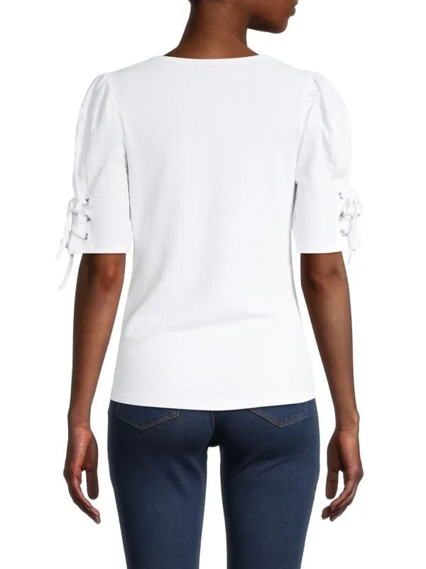 Design 365 Lace-up Top with Puff Sleeves, White