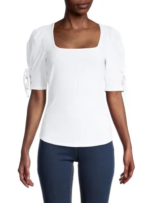 Design 365 Lace-up Top with Puff Sleeves, White