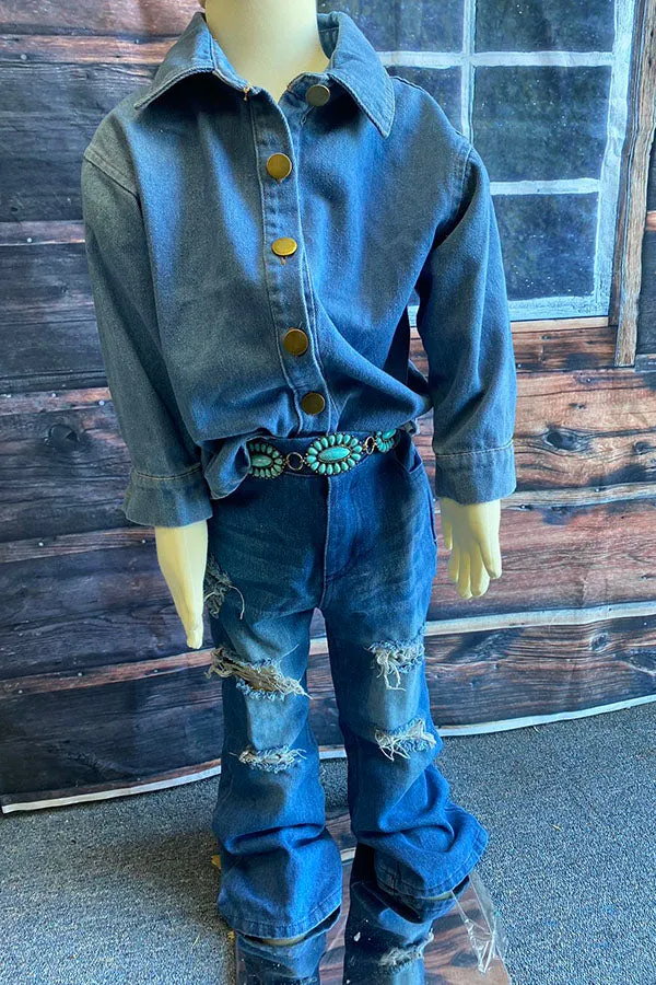 DLH2689 Unisex denim blue long sleeve kids blouse top