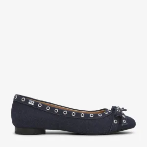 Eyelets Denim Bow Ballerina Flats (Dark Navy)