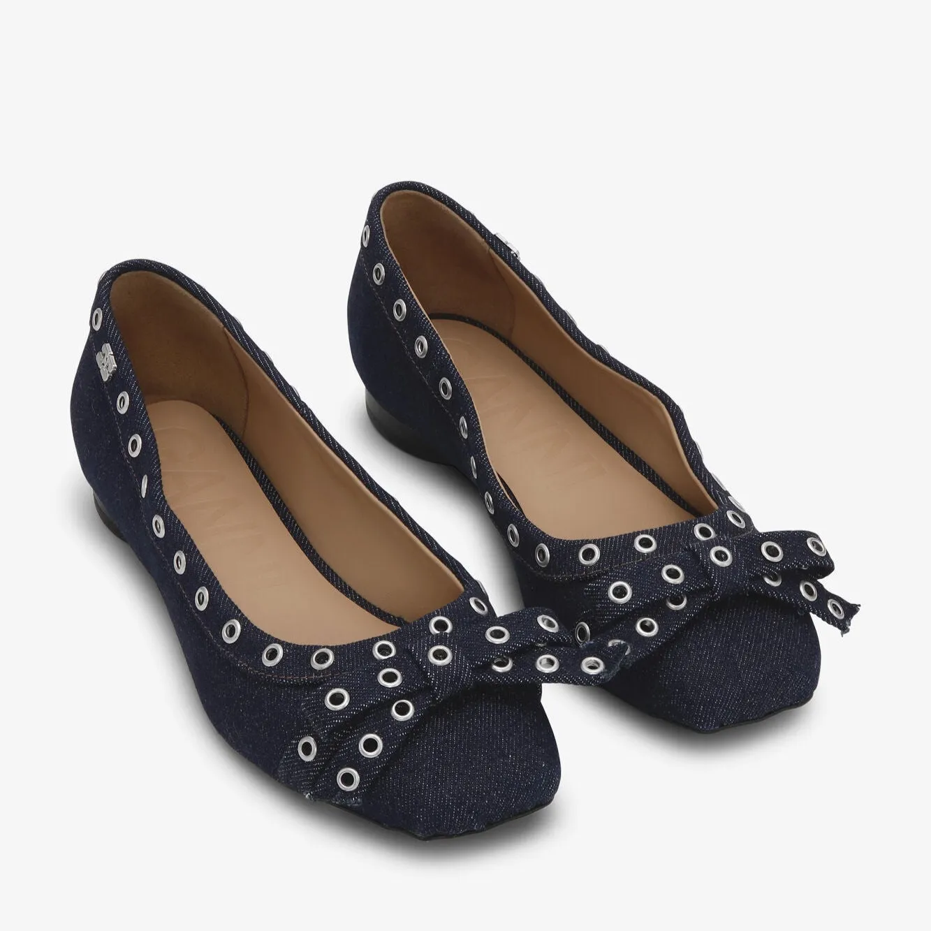 Eyelets Denim Bow Ballerina Flats (Dark Navy)