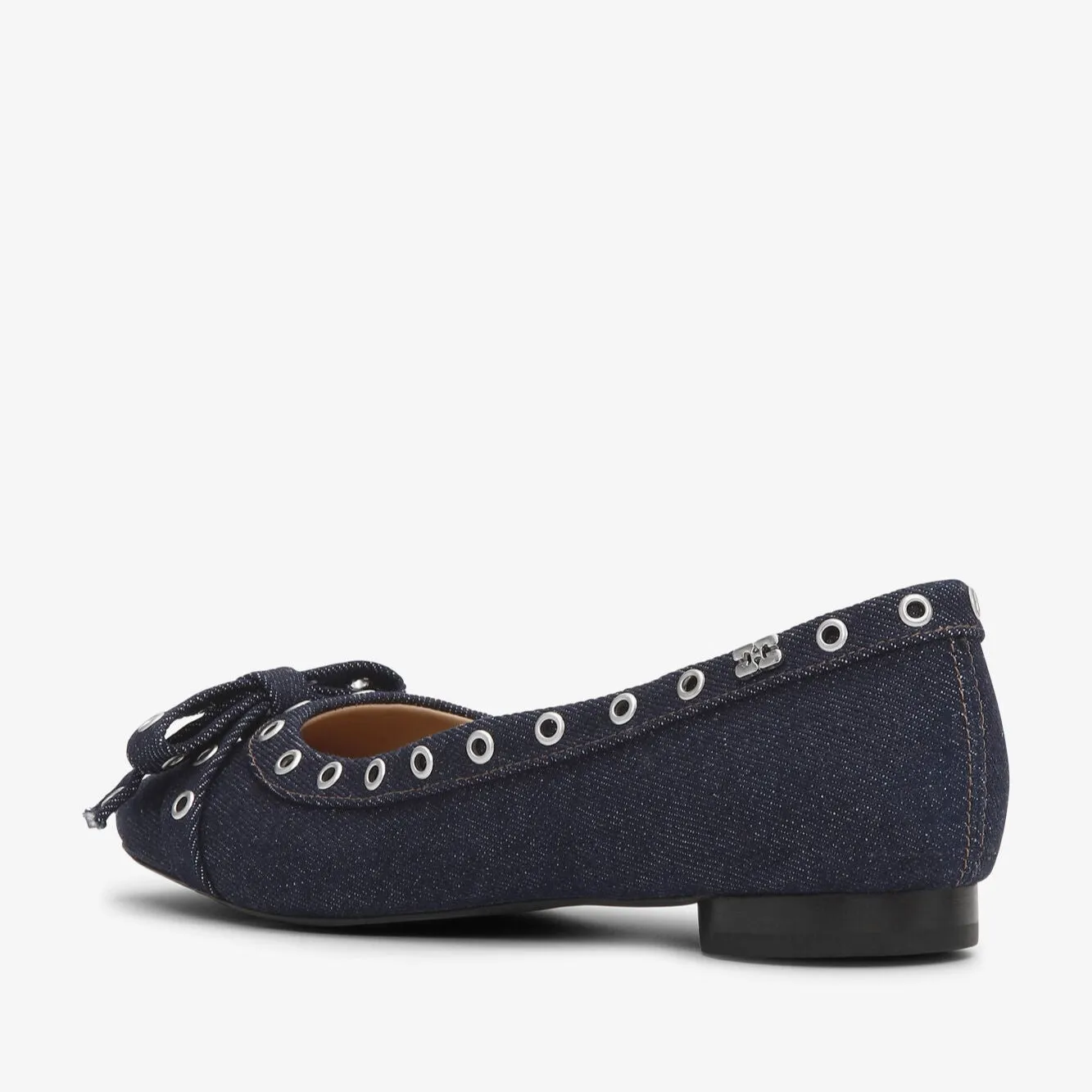 Eyelets Denim Bow Ballerina Flats (Dark Navy)
