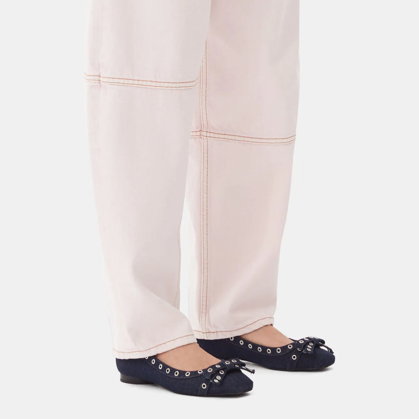 Eyelets Denim Bow Ballerina Flats (Dark Navy)