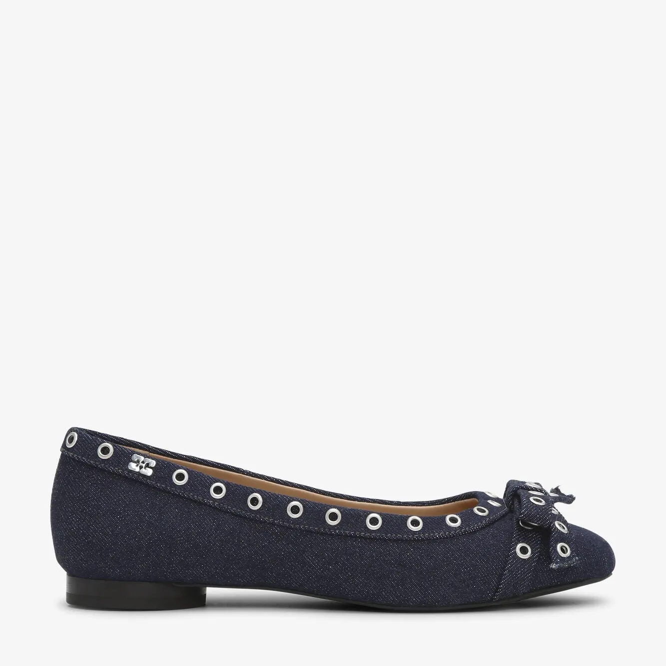 Eyelets Denim Bow Ballerina Flats (Dark Navy)