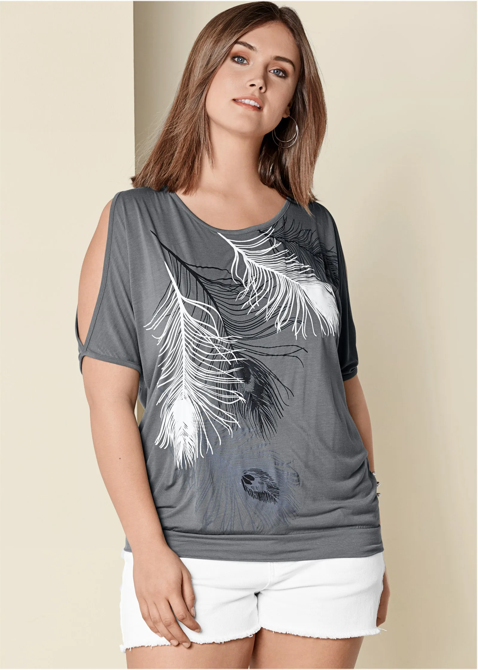 Feather Cold-Shoulder Tee - Grey