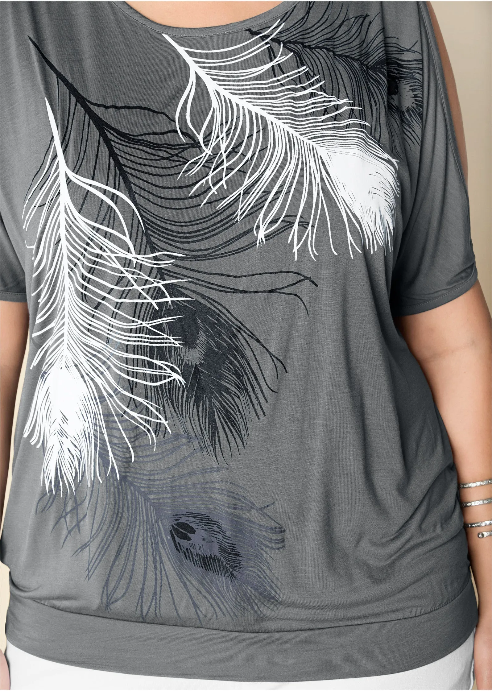 Feather Cold-Shoulder Tee - Grey