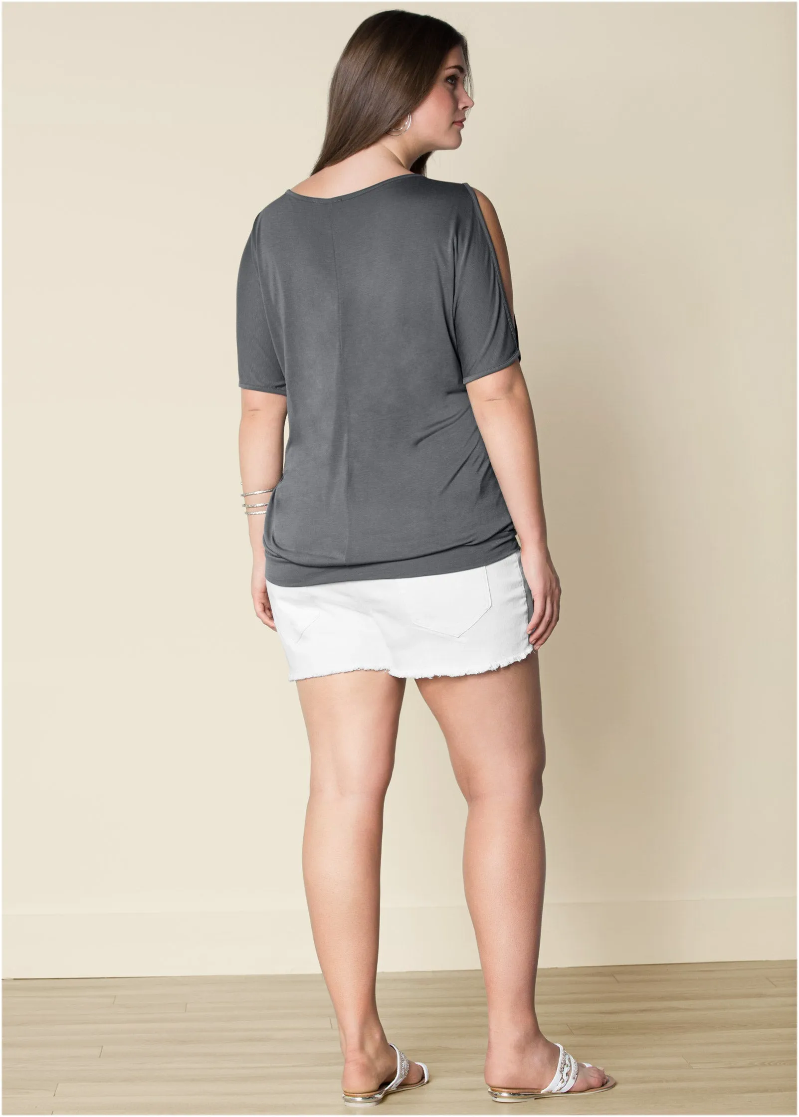 Feather Cold-Shoulder Tee - Grey