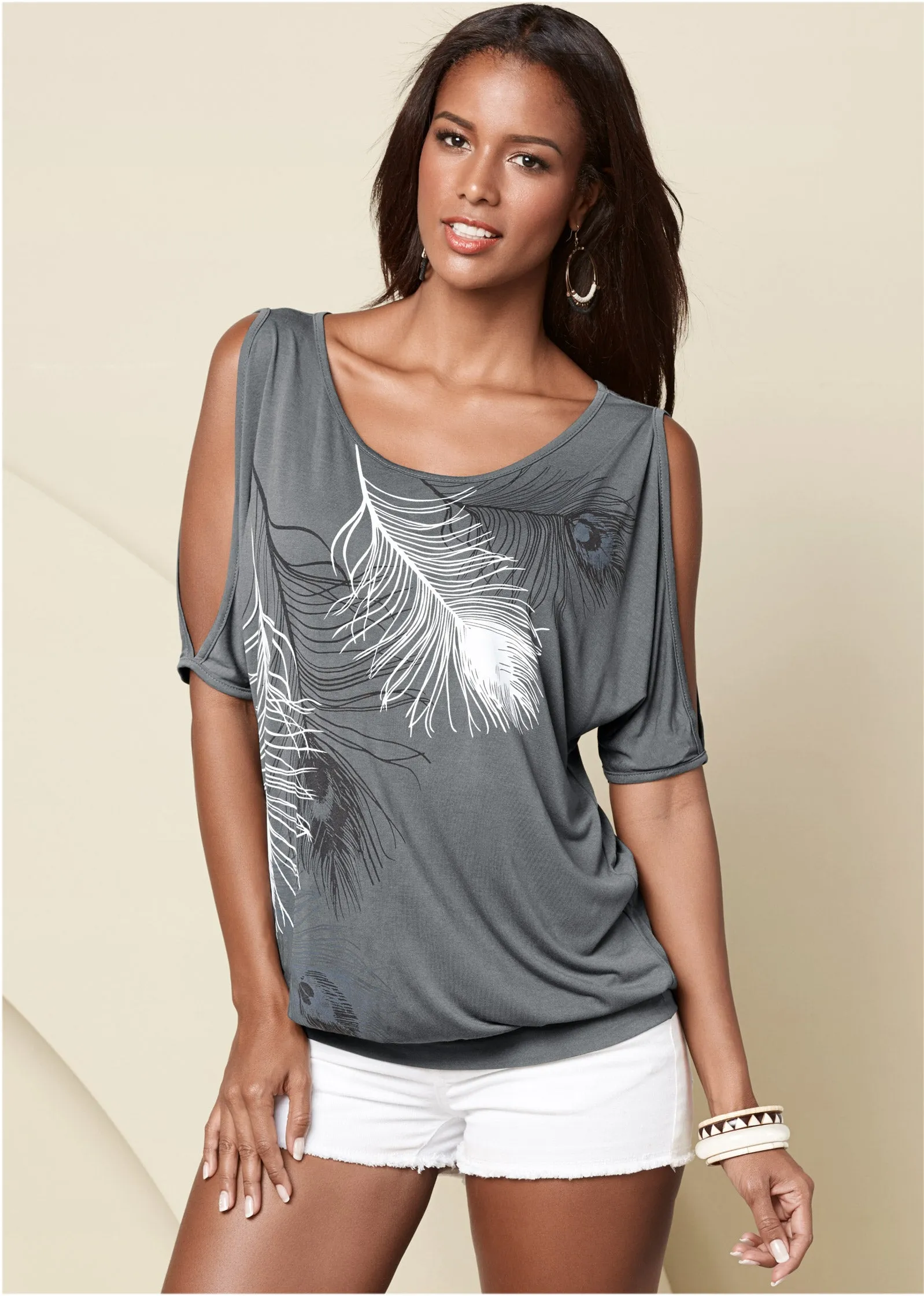 Feather Cold-Shoulder Tee - Grey