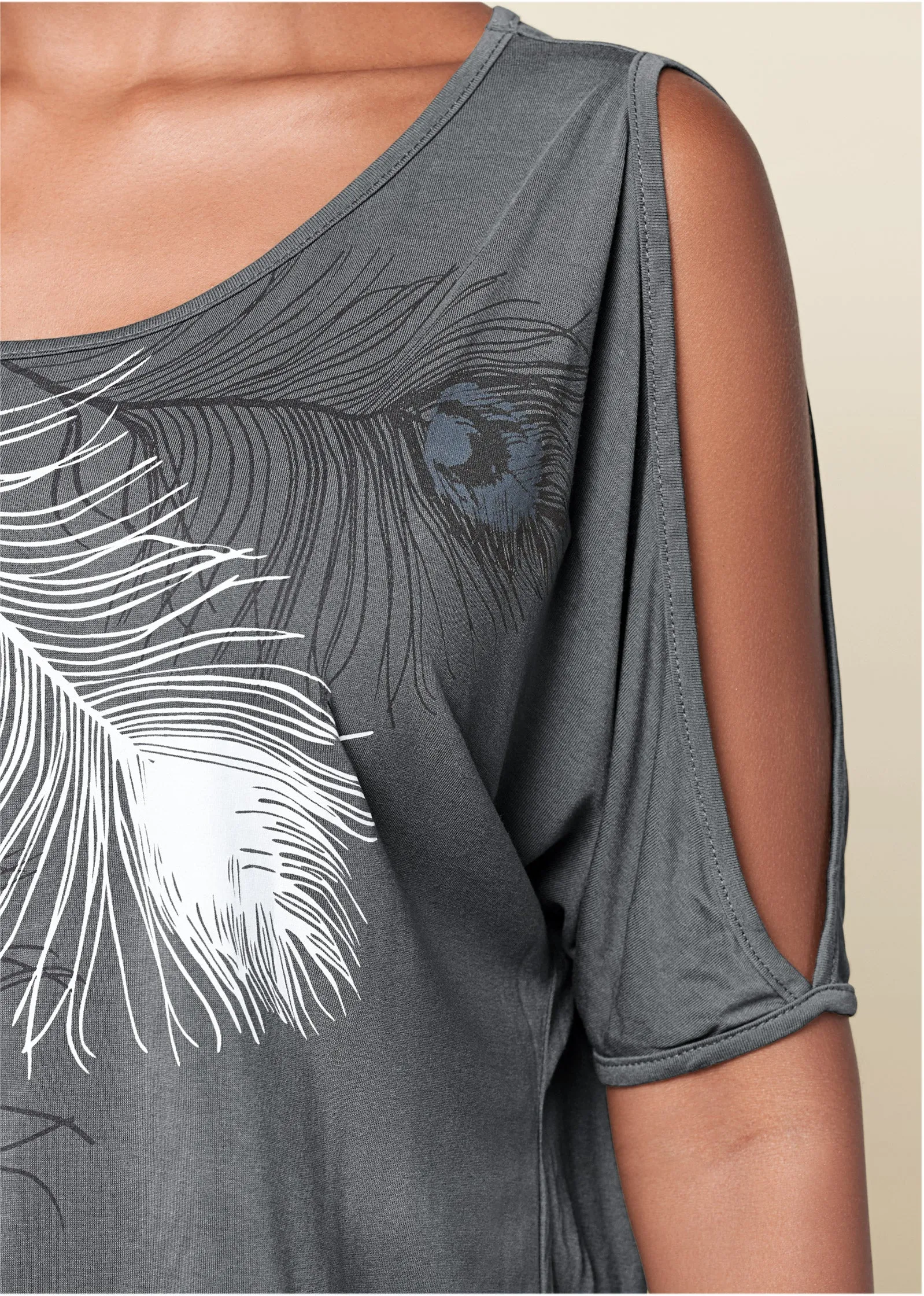Feather Cold-Shoulder Tee - Grey