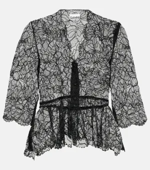 Ganni floral lace blouse, black