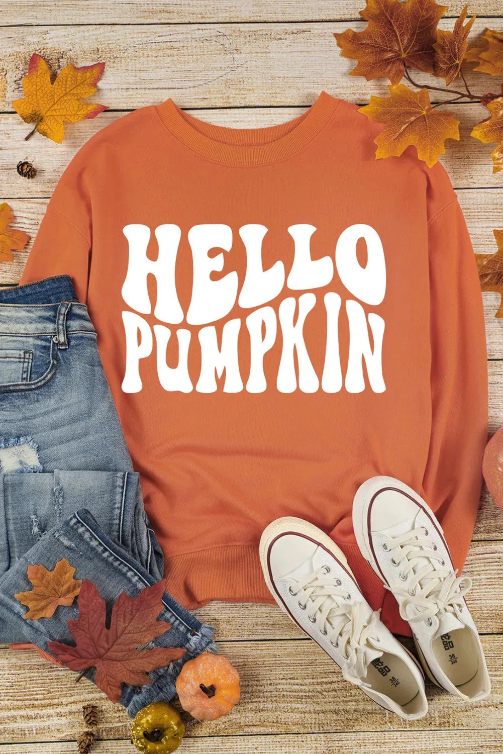 Letter Graphic Round Neck Long Sleeve Sweatshirt, Hello Pumpkin