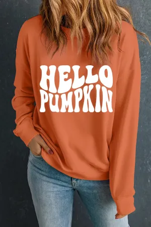 Letter Graphic Round Neck Long Sleeve Sweatshirt, Hello Pumpkin