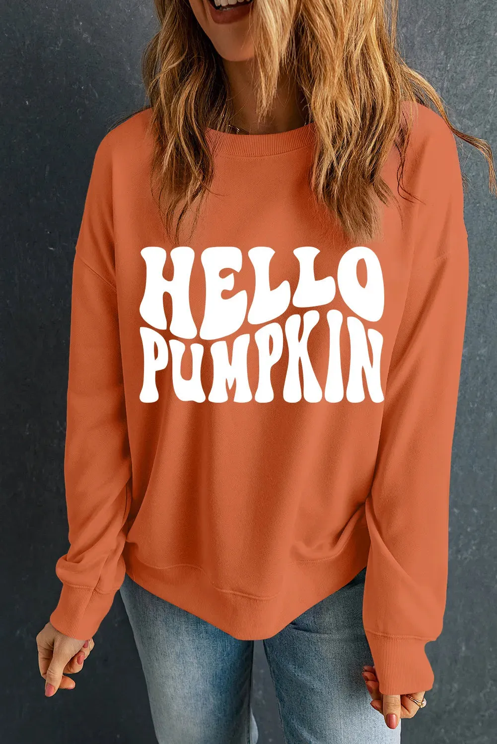 Letter Graphic Round Neck Long Sleeve Sweatshirt, Hello Pumpkin