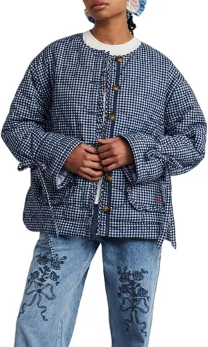 LifeShe Women Plaid Puffer Quilted Jacket Crop Button Up Padded Coats Collarless Winter Coat with Pocket