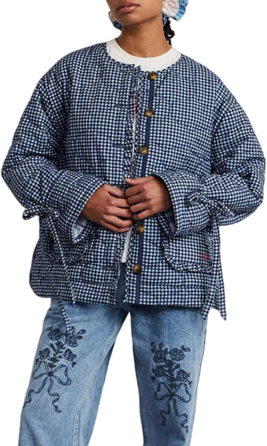 LifeShe Women Plaid Puffer Quilted Jacket Crop Button Up Padded Coats Collarless Winter Coat with Pocket