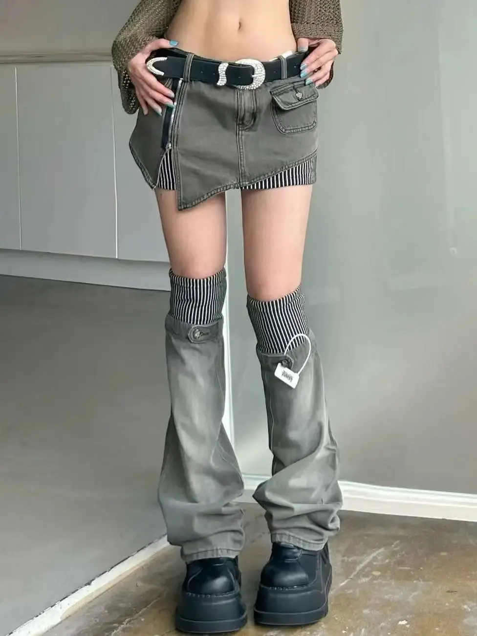 LVSANW American retro patterned patchwork denim suit half skirt women Y2K irregular short skirt leg cover two-piece set for wearing