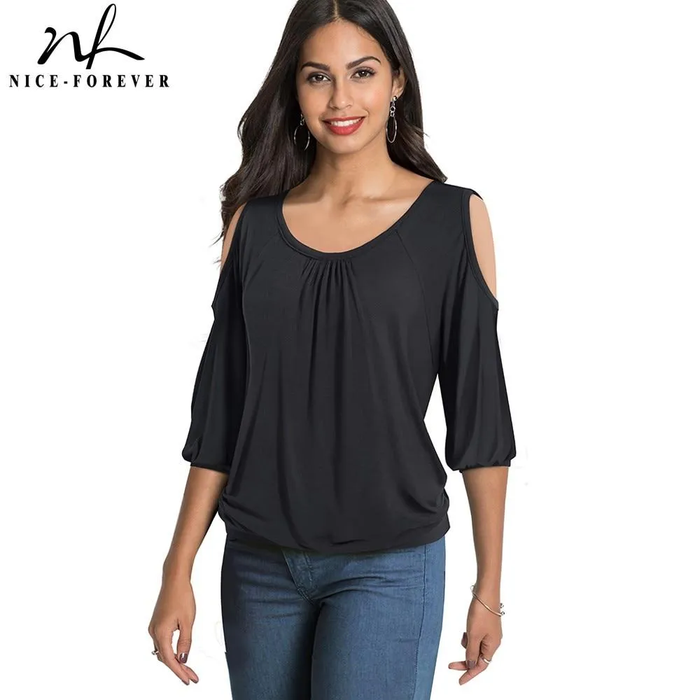 Nice-Forever Casual Cold Shoulder with O Neckline Solid Color t-shirts .Women Spring Tees tops.