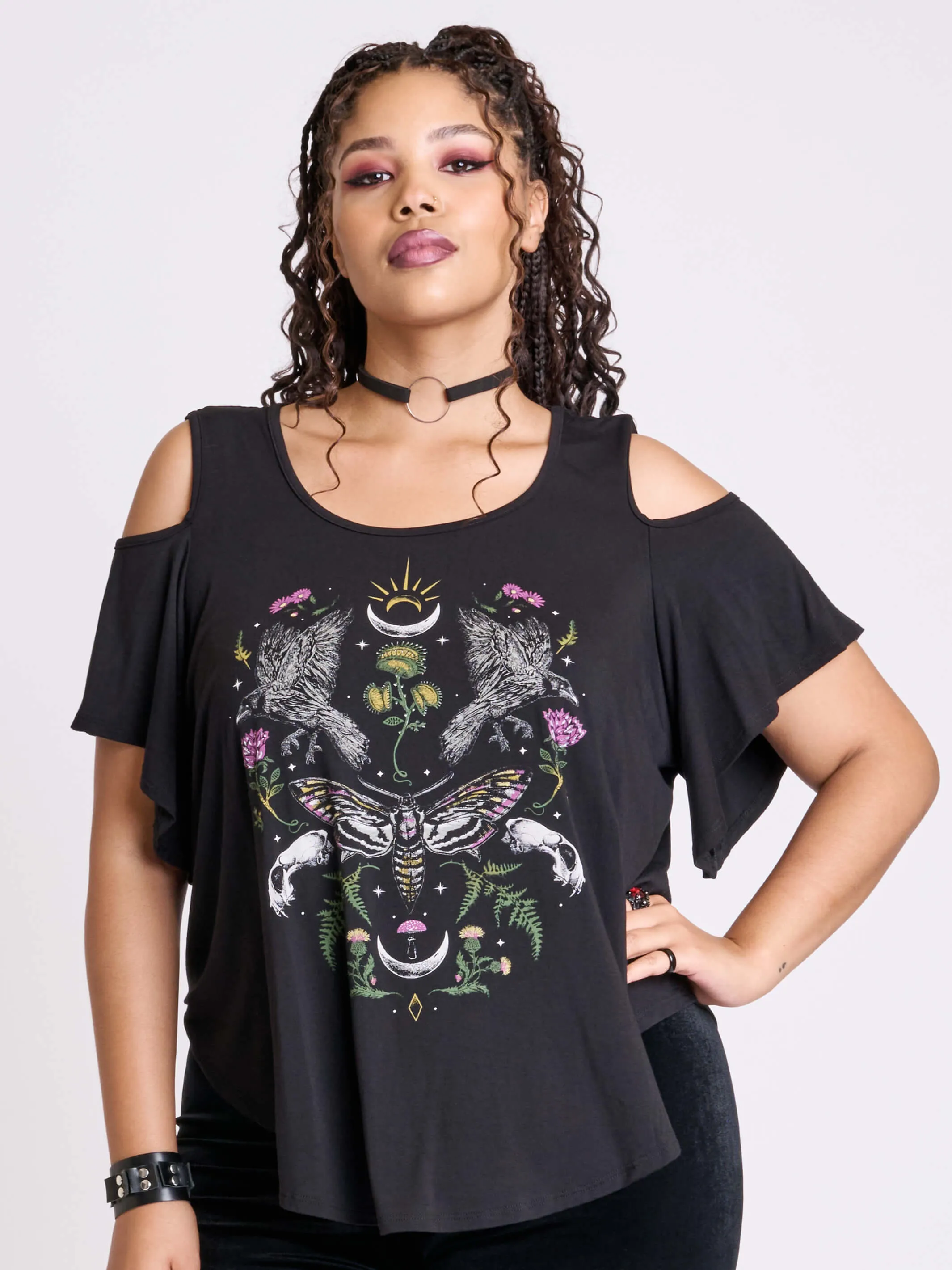 Night Raven Cold Shoulder Top