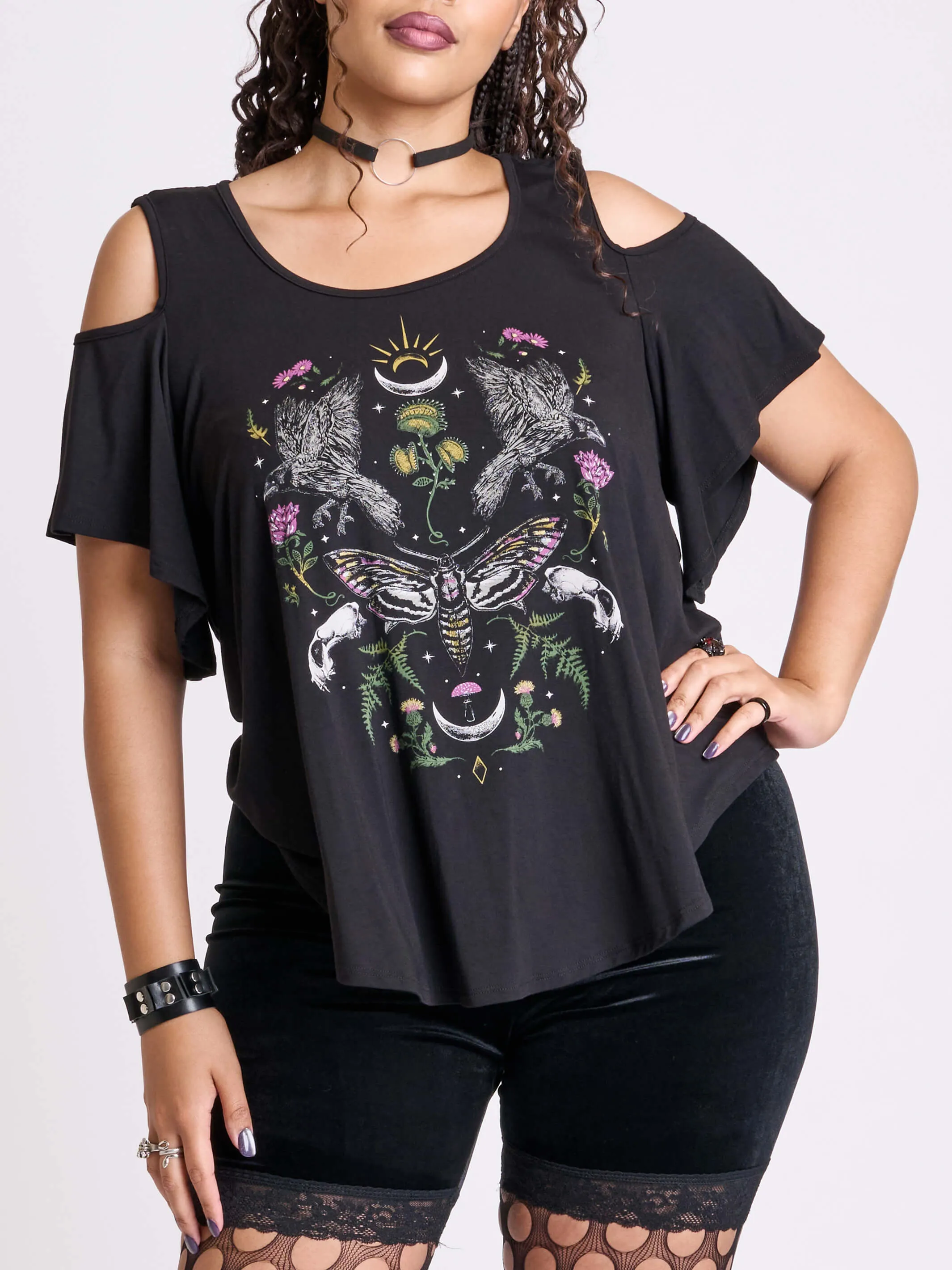 Night Raven Cold Shoulder Top