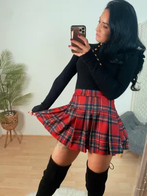 'Nina"   KNITTED FRILL FULL SLEEVE BUTTON TOP BLACK & XMAS RED RARA SKIRT FULL SET