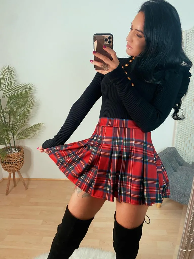 'Nina"   KNITTED FRILL FULL SLEEVE BUTTON TOP BLACK & XMAS RED RARA SKIRT FULL SET