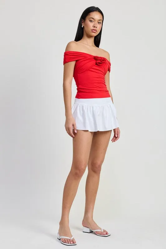 OFF SHOULDER ROSETTE TOP