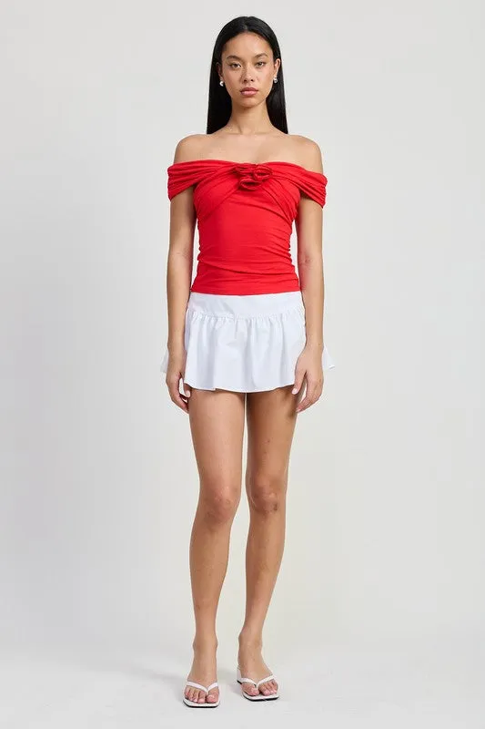 OFF SHOULDER ROSETTE TOP