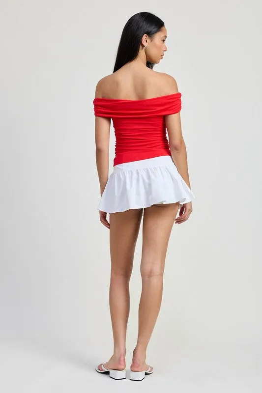 OFF SHOULDER ROSETTE TOP