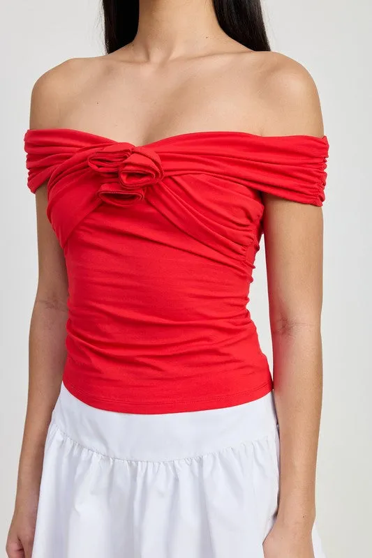 OFF SHOULDER ROSETTE TOP