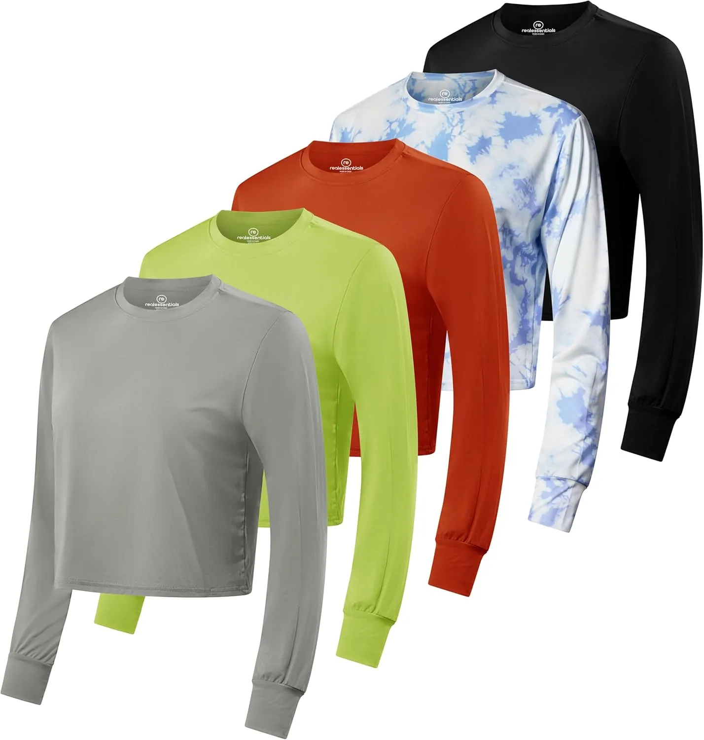 Real Essentials 5 Pack: Women's Dry Fit Crop Top - Long Sleeve Crew Neck Stretch Athletic Tee (Available in Plus Size)