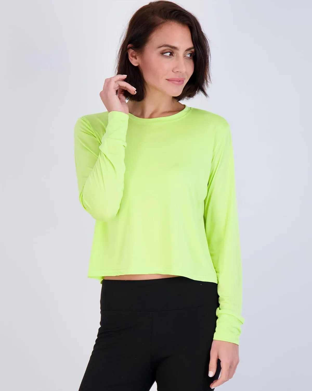 Real Essentials 5 Pack: Women's Dry Fit Crop Top - Long Sleeve Crew Neck Stretch Athletic Tee (Available in Plus Size)