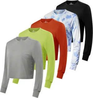 Real Essentials 5 Pack: Women's Dry Fit Crop Top - Long Sleeve Crew Neck Stretch Athletic Tee (Available in Plus Size)